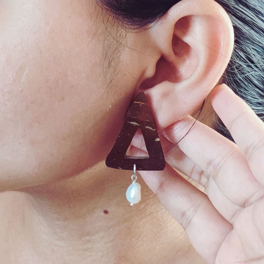 ONEarth Pearl & Triangle Coconut Shell Earrings (Golden Hook)